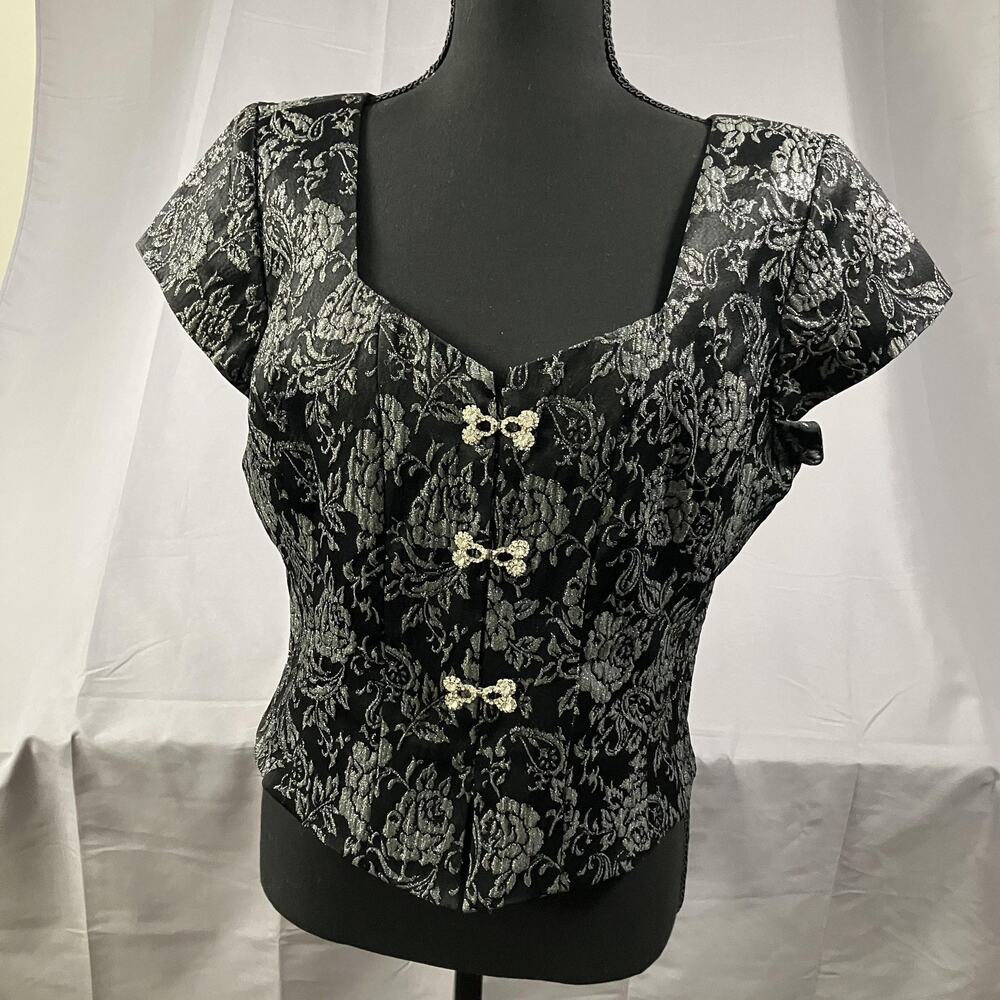 Hampton Nites Top Womens Large Black Silver Brocade Short Sleeve‎ Glitter Blouse